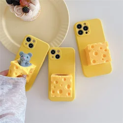 Cute Soft Yellow Cheese Mouse Bracket Case For iPhone17 16 15 14 13 Pro Max 12 11 X XS XR 8Plus Camera Protective Silicone Cover