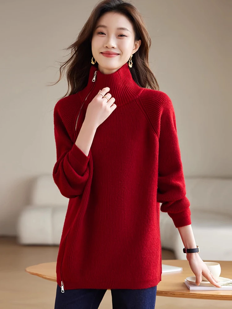 Nuevo Mujeres Otoño Invierno Suéter Rojo Moda cremallera de cuello alto de manga raglán holgada de punto jersey Casual Patchwork Suéter