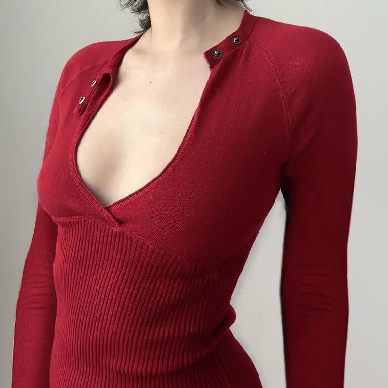 المرأة العميق الخامس الجوف خارج كم طويل سترة علوية بلون بلوفر مغزول Y2K موضة أنيقة الأساسية لخريف شتاء