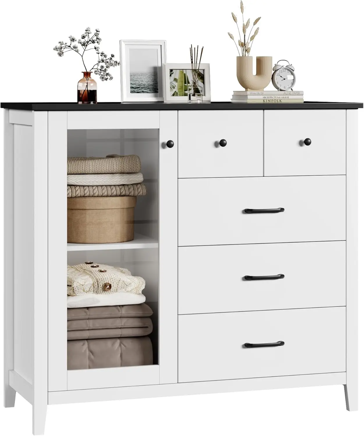 5 Drawer Dresser with Glass Door, White Dresser for Bedroom, Modern Chest of Drawers with Shelves, Tall Dresser Wood Storage Cab