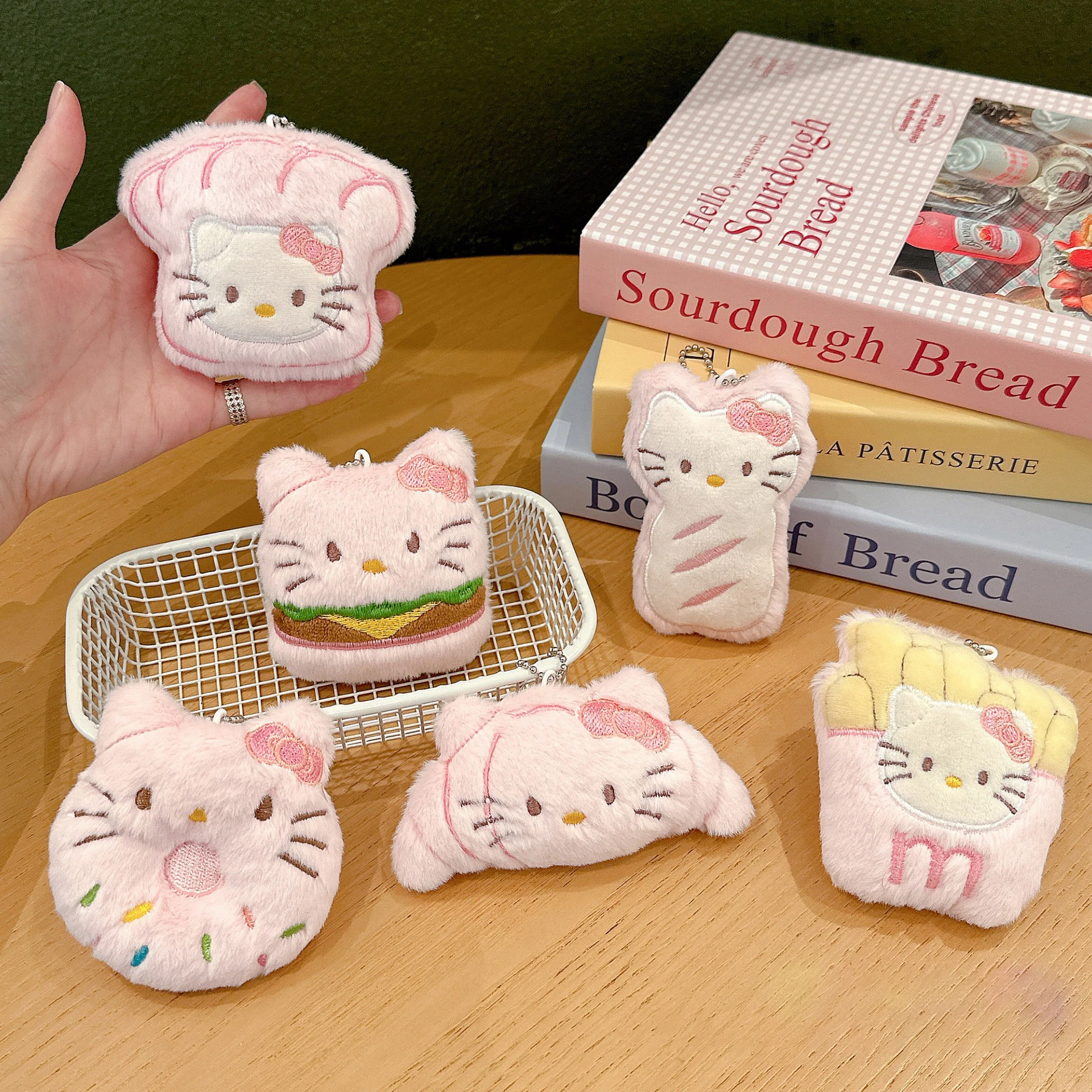 

9,5 см Sanrio, милый пончик, хлеб, котенок, плюшевый брелок, сладкий десерт, мультяшный гамбургер, круассан, мягкая еда, подвесной рождественский подарок