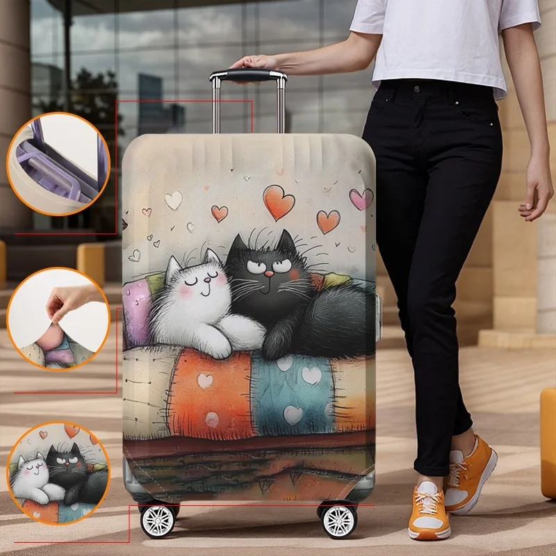 Black and white cat heart patchwork pattern luggage protection cover, suitable for 18-32 inch luggage covers, luggage handle glo