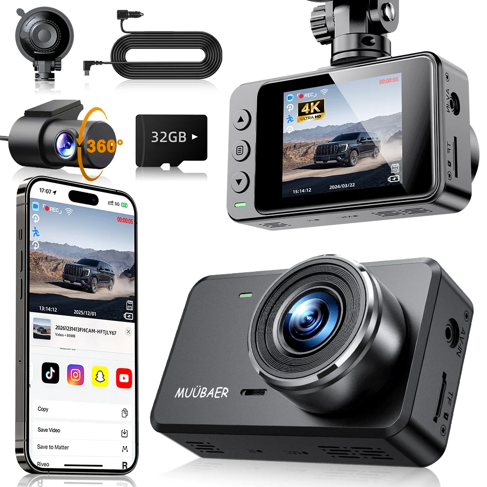 

Видеорегистратор MUÜBAER с двумя объективами 4K, 2-дюймовым IPS-экраном, встроенным Wi-Fi, камерой заднего вида, ночным видением, WDR, циклической записью, бесплатной SD-картой на 32 ГБ