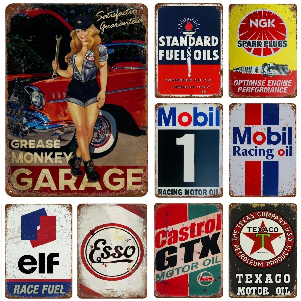 الألومنيوم خمر دراجة نارية النفط البنزين Agip علامات معدنية الخليج Esso للرجل الكهف ورشة عمل نادي موتور المرآب جدار ديكور اللوحة