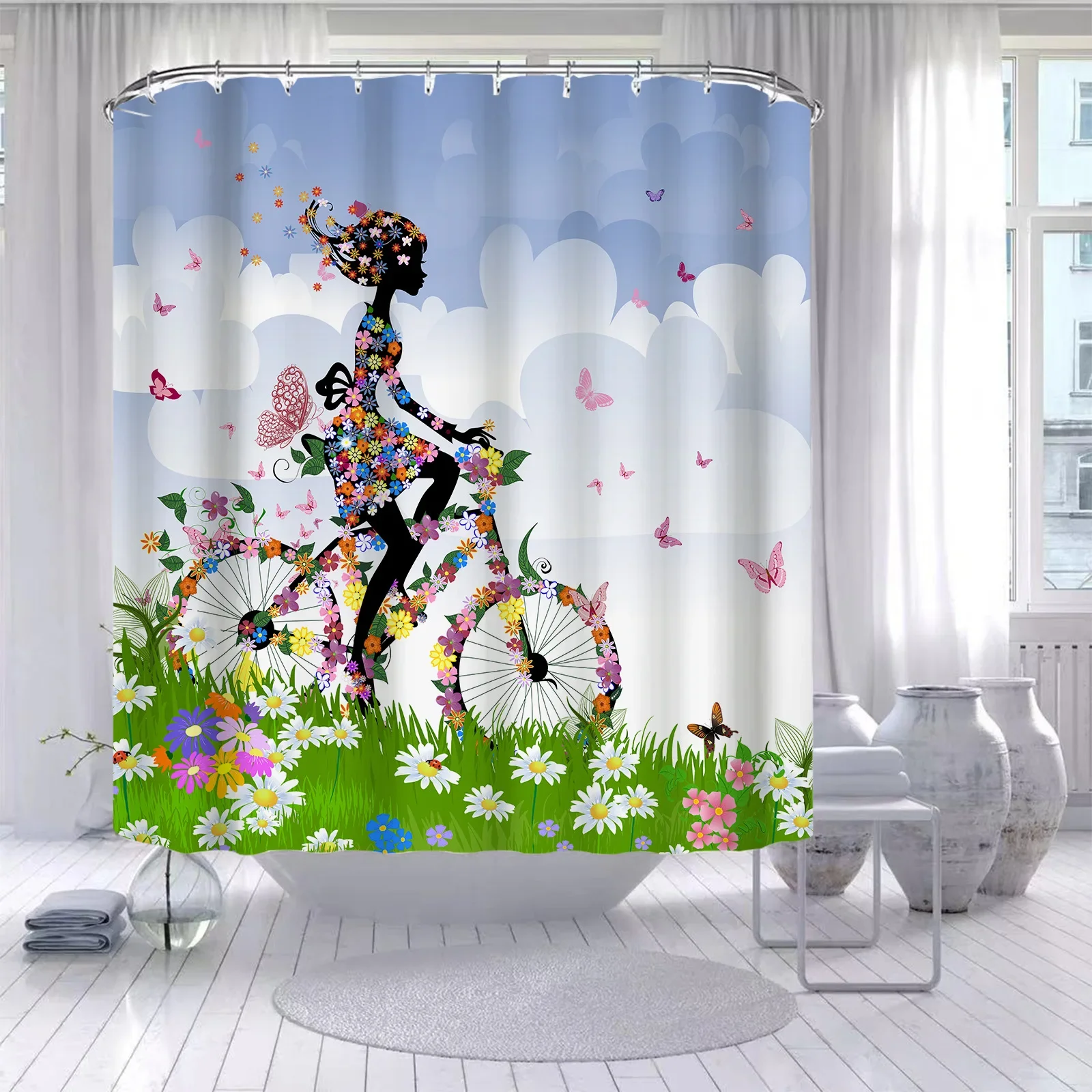 

Butterfly Girls Shower Curtains Flower Fairy Bath Curtain Polyester For Bathtub Decor Bathroom Curtains With Hooks Bath Screen