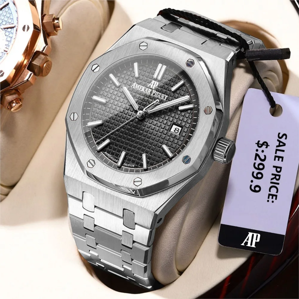 AP Brand Classic Trendy Brand Men's Delicacy Watch Waterproof Stainless Steel Wristwatch Luminous Date Mineral Glass Watch Gift