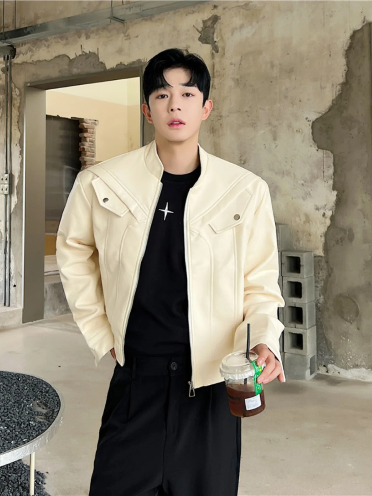 

Fall New Sle Men's ort Biker Leather Jaet Stand Collar Hipster Faion Outerwear Polyester Long Sve Coat