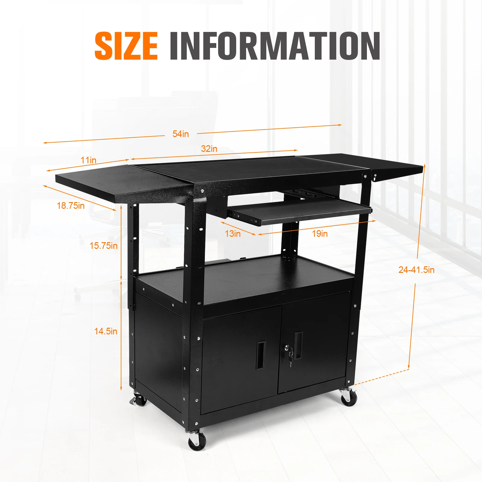 Large Steel AV Cart With Locking Cabinet and Pullout Keyboard Tray, Adjustable-Height Rolling Media Cart With Wheels & Power