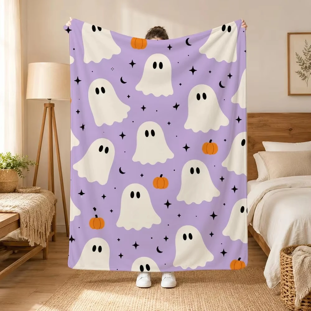 Cute Ghost Halloween Gift Flannel Blanket, Suitable for Sofas, Beds, Offices, Exquisite Gift Blanket
