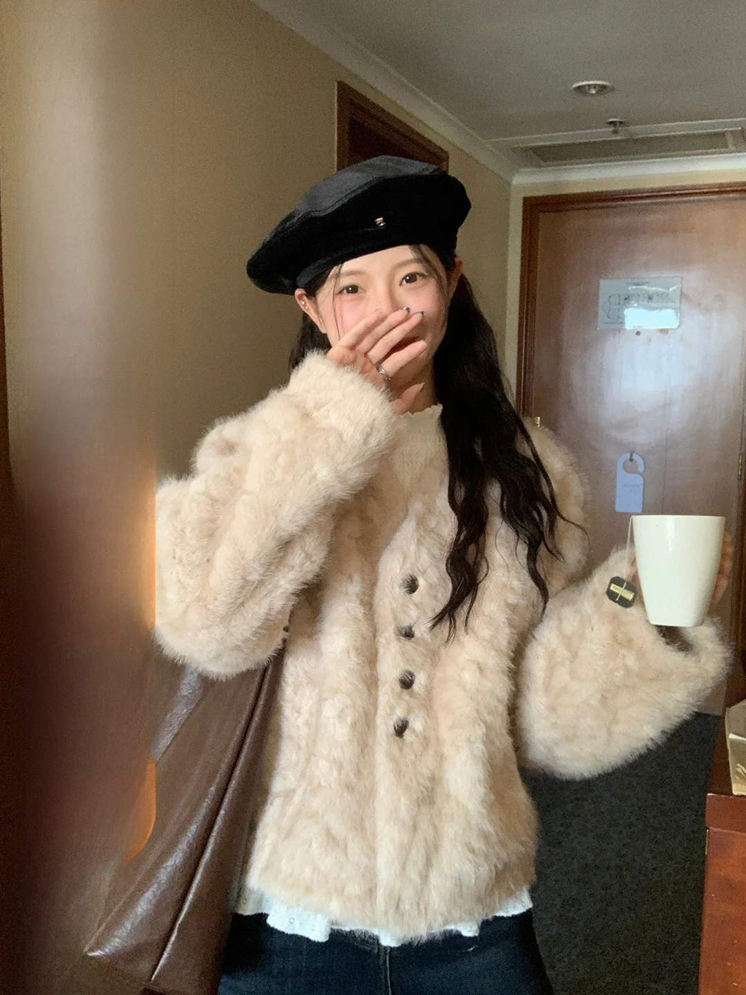 

Korean Sle Furry Jaet V-Ne Ele Quirky Design Winter Warm Women's ort Outerwear Long Sve Color No Cap