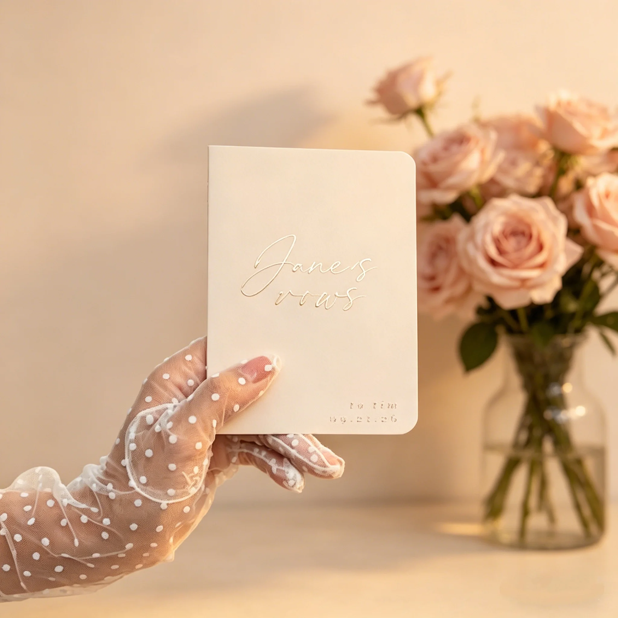 私の夫-妻へのパーソナライズされた結婚誓約書セット、ベージュの本物のローズゴールド箔入り誓約ブックレット、ロマンチックなブライダルシャワーギフト