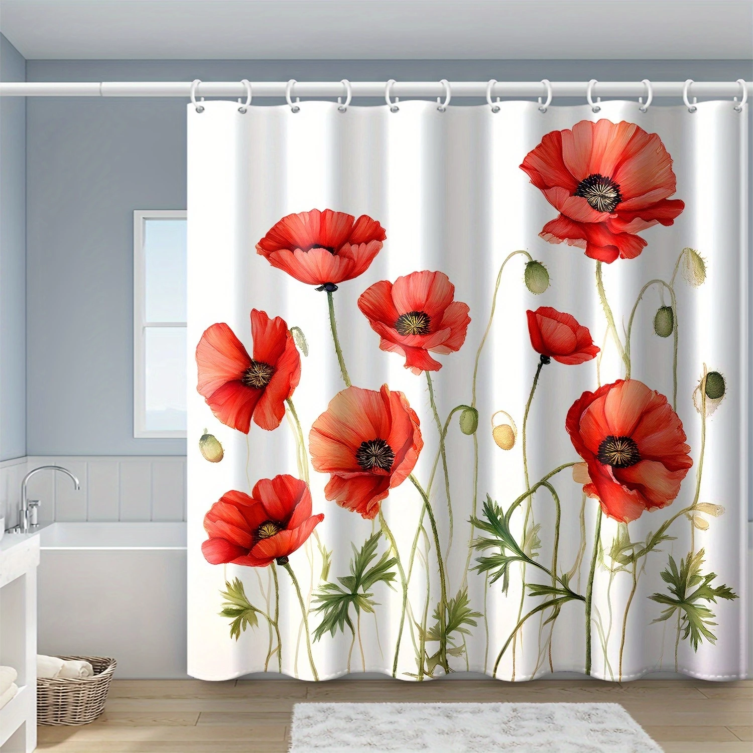 1pc Poppy Flower Sea Oil Painting Plant Print Shower Curtain Waterproof Polyester Fabric With Hooks Wall Bathtub Bathroom Decor