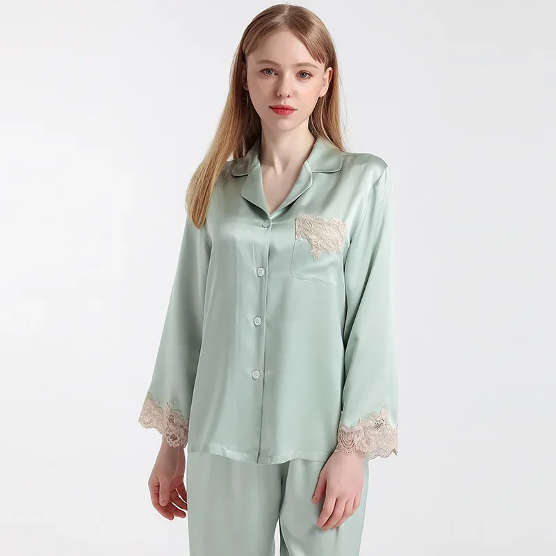 Lace Trim 100% Real Silk Long Sleeve Pajama Set Solid Color Button Up Lapel Top & Pants 2pcs Soft Nightwear Cardigan Pajamas PJs