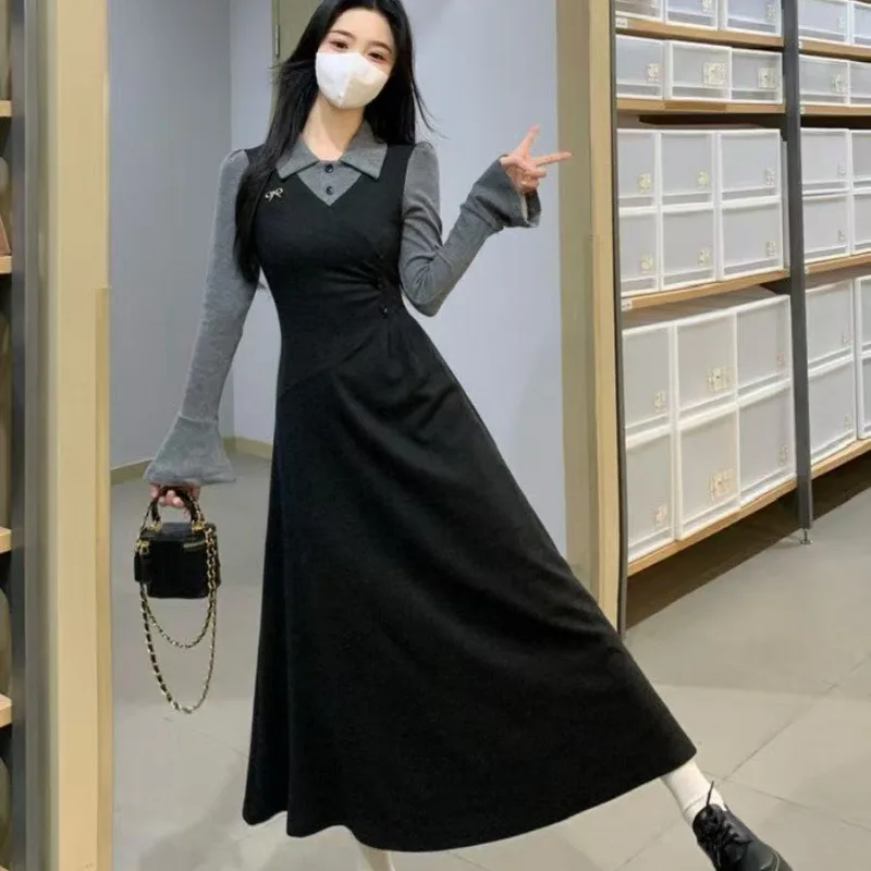 Women French Retro Dress Turn-down Collar Spring Autumn New Stylish Splicing Color Design Fake Two Piece Ankle Length Dresses