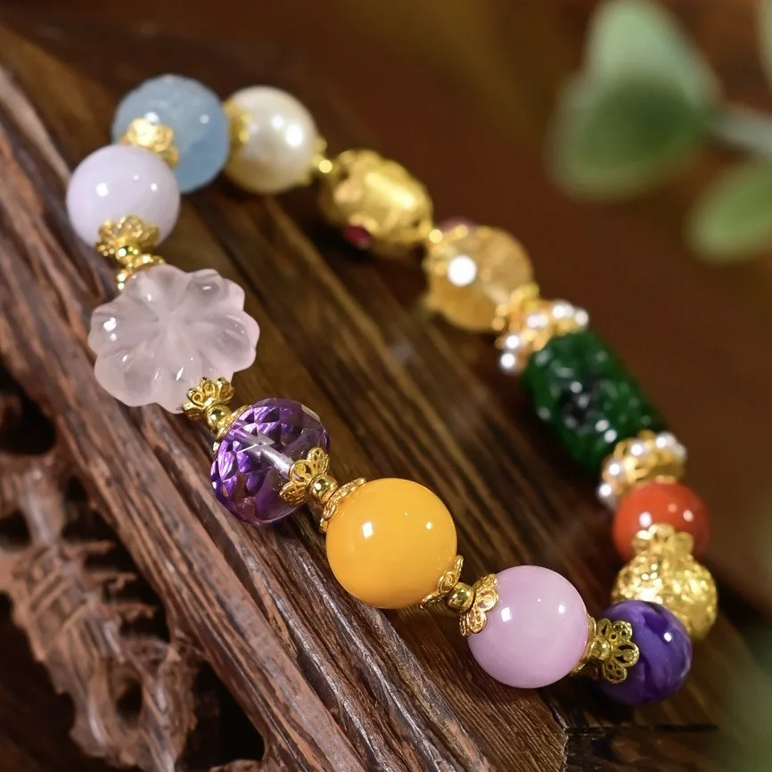 Natural Multi-Color Gemstone Bracelet, Dry Green Carved Jade Amber Citrine Gourd 925 Silver, Chinese Style Jewelry Gift