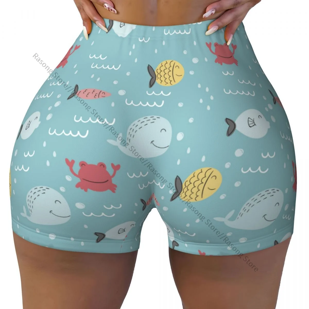 Push Up Short Elasticity Scrunch Butt Hand Drawn Fish Running Shorts Sports Shorts Womens Clothes Gym