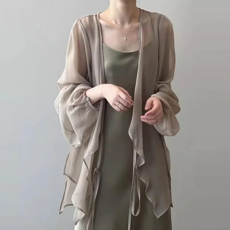 Summer Sun Protection Shirt Korean Women Chiffon Cardigan Blouse Solid Color Ladies Shawl Female Oversize Casual Loose Coats