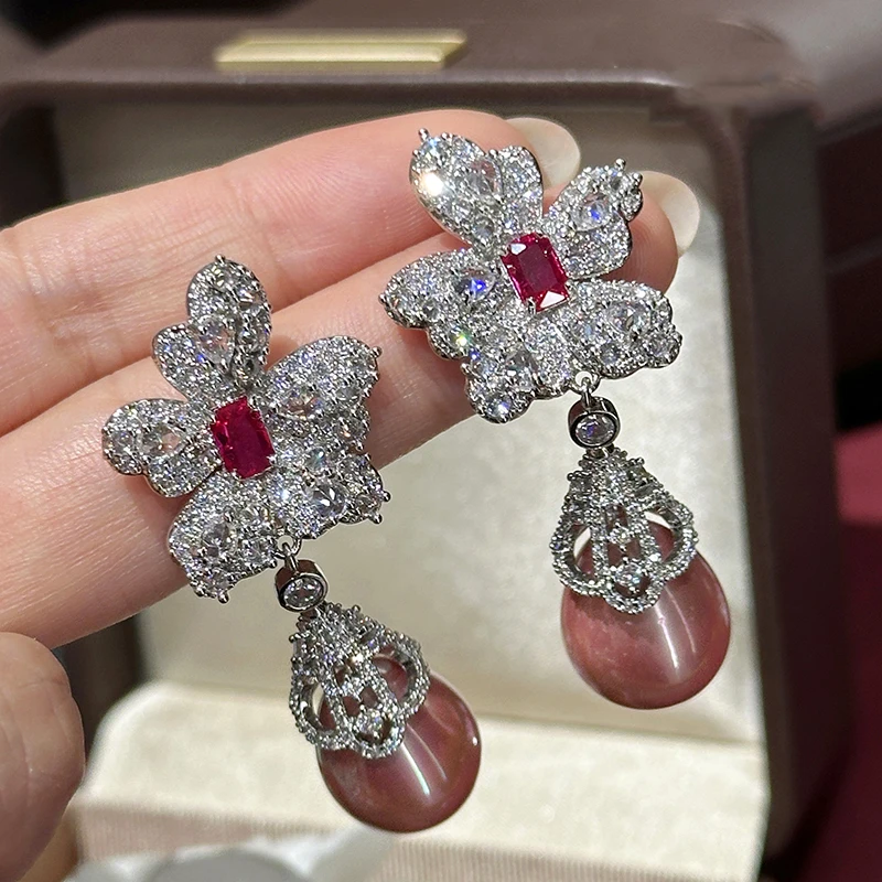 

Petal red flower pearl Baroque earrings luxurious elegant new floral drop earrings for women