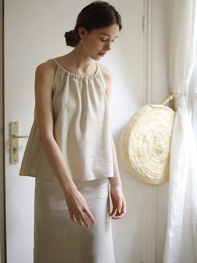 Pure Linen Asymmetrical Hem Midi Skirt Loose Fit A-Line Silhouette Casual High Waist Straight Cut Summer Women's Skirt