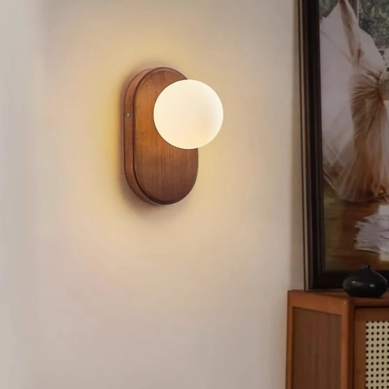 

Retro Wood LED Wall Lights for Bedroom Bedside Sconce Lighting Fixture Modern Glass Decoration Living Wall Lamp Aisle Corridor