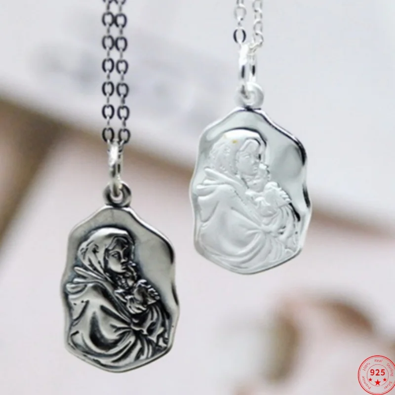 S925 Sterling Silver Charms Pendants for Women Men New Fashion Square Relief Virgin Mary Image Amulet  Jewelry Lover Gift