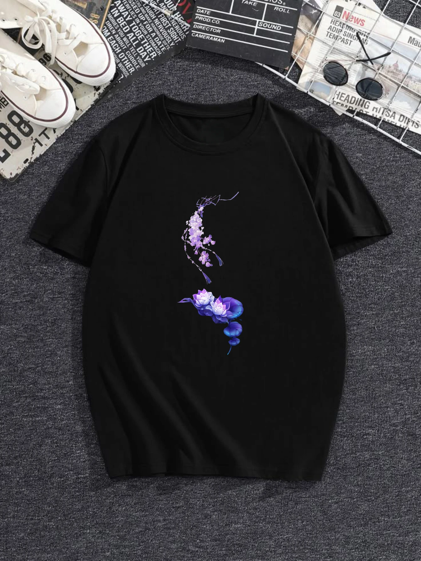 

Женские футболки в китайском стиле, аниме, футболки с графикой, хип-хоп, повседневные, 100% хлопок, абстрактный цветочный дизайн, произведение искусства, принт