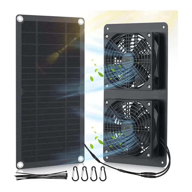 Solar Panel Fans Kit, 10W DC 12V Solar Panel Powered Dual Fan With 6.56Ft/2M Cable, For Chicken Coops, Shed, Dog House