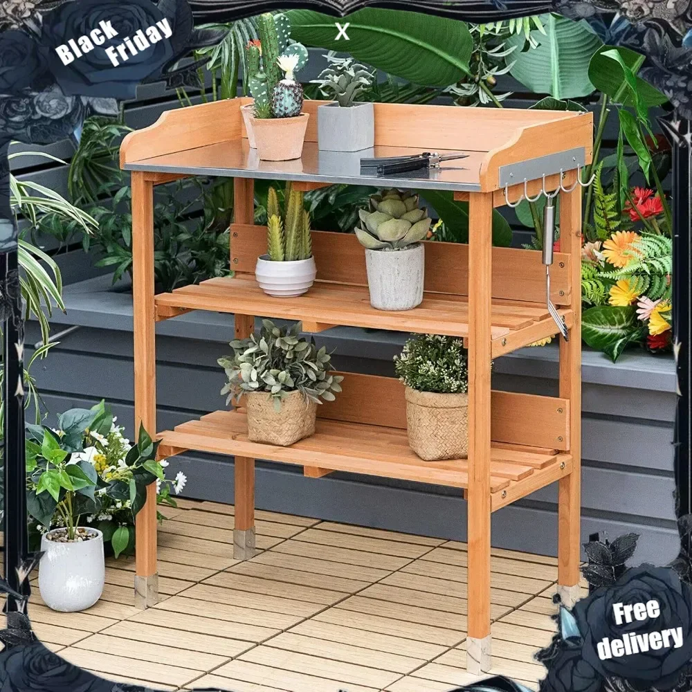 Potting Bench, Work Station with Fir Wood Construction & Metal Tabletop, Garden Planting Table w/Open Shelves and Hanging Hooks