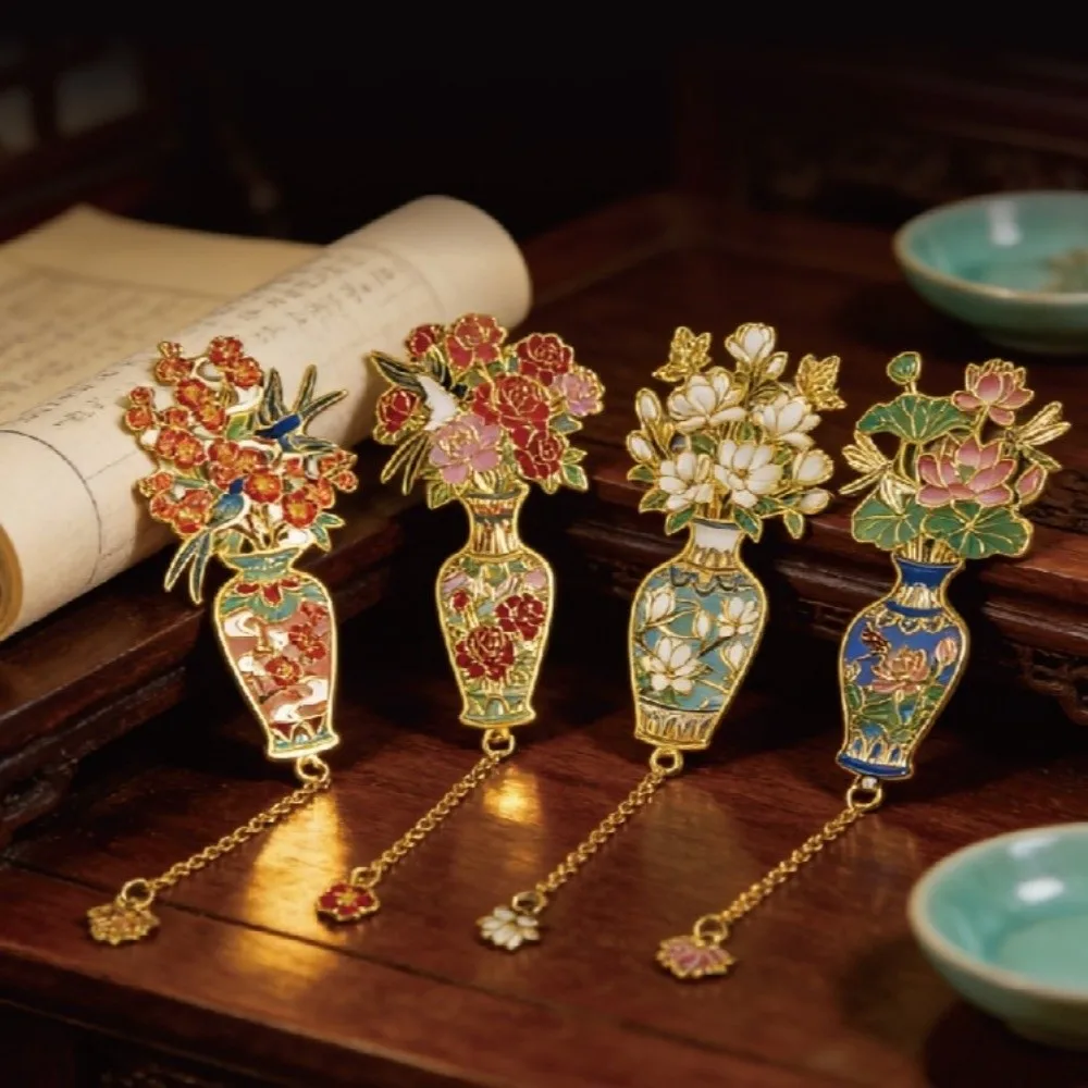 Chinese Design Metal Bookmark Enamel Chain Attachment Flower Book Clip Decorative with Tassel Pendant Vintage Page Marker