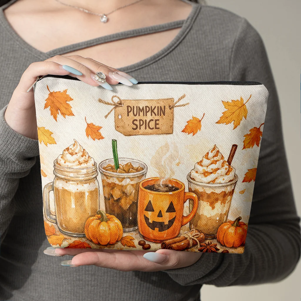 Autumn Maple Makeup Bag Suitable for Travel Daily Use Double Sided Linen with Zipper Closure Foldable Portable Pouch