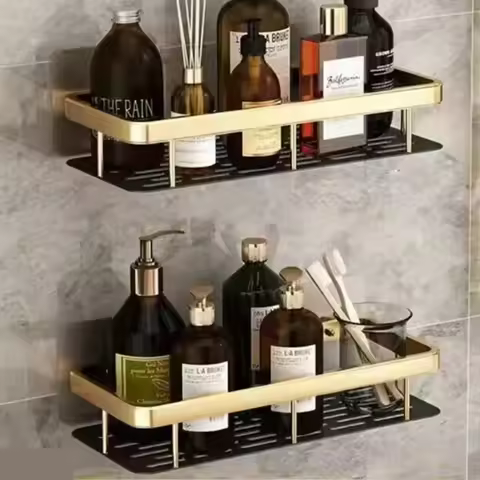 Gold Double Aluminum Shelves No Punch Holes Bathroom Kitchen Storage Organizer Durable Easy Install Space Saving Modern Design