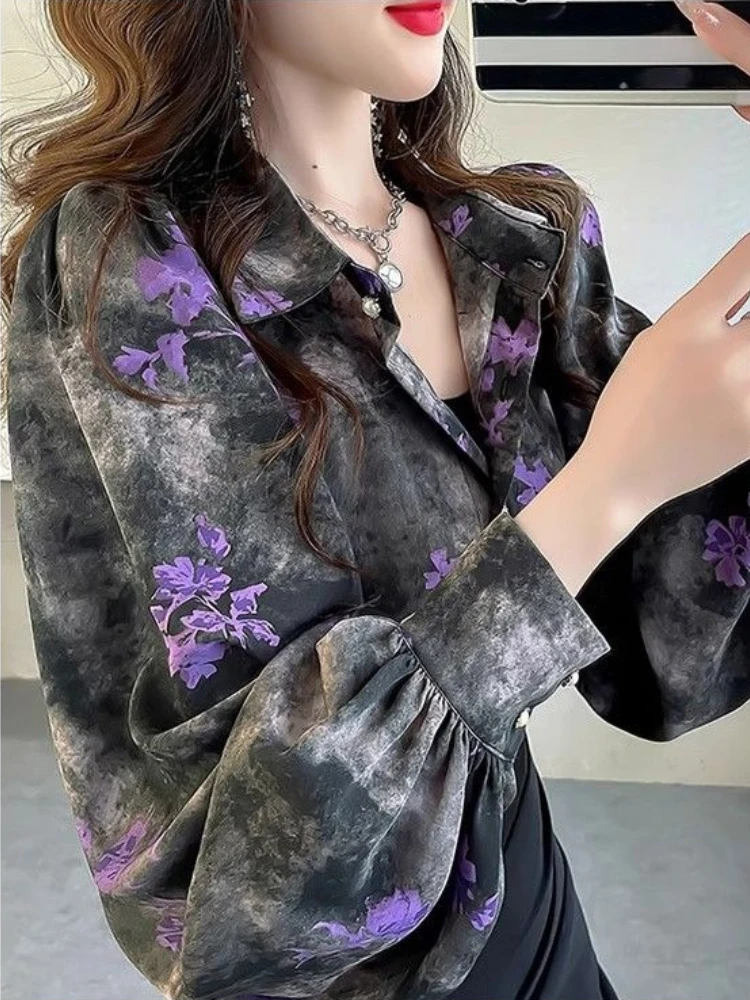 

Блузка в корейском стиле с цветочным принтом, свободного кроя, с воротником и рукавами-фонариками, женская рубашка для весны и осени, с эффектом стройности ​