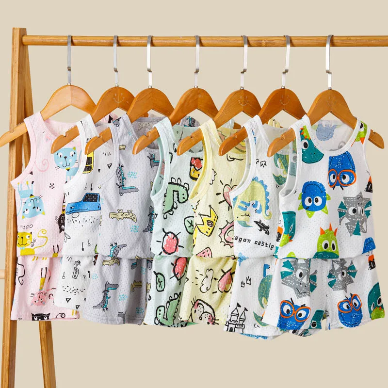 10 Colors Vest+Shorts Clothing Sets for Boys Girls Nightwear Baby Cotton Pajamas Children Loungewear Kids Cartoon Clothes Pijama