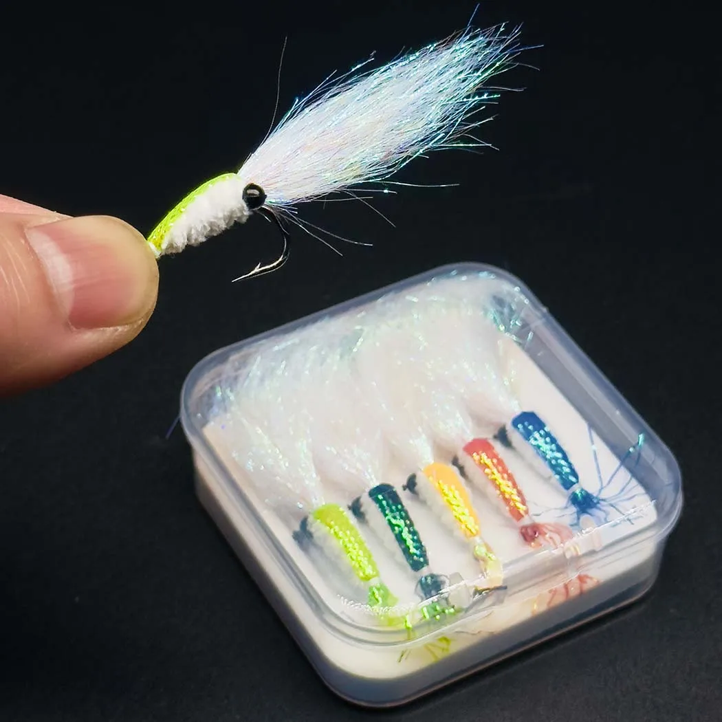 5 Stück/Box Mehrfarbige Kristall-Glitzer-Seiden-Garnelen-Fliegen zum Fliegenfischen, Köder für Barsch, Forelle, Lachs - Größen # 6 – Detail 8