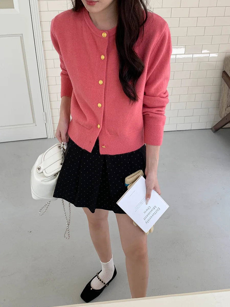 Mantel Kardigan Rajutan Lengan Panjang Wanita Sweter Kerah O Retro Kasual Musim Gugur