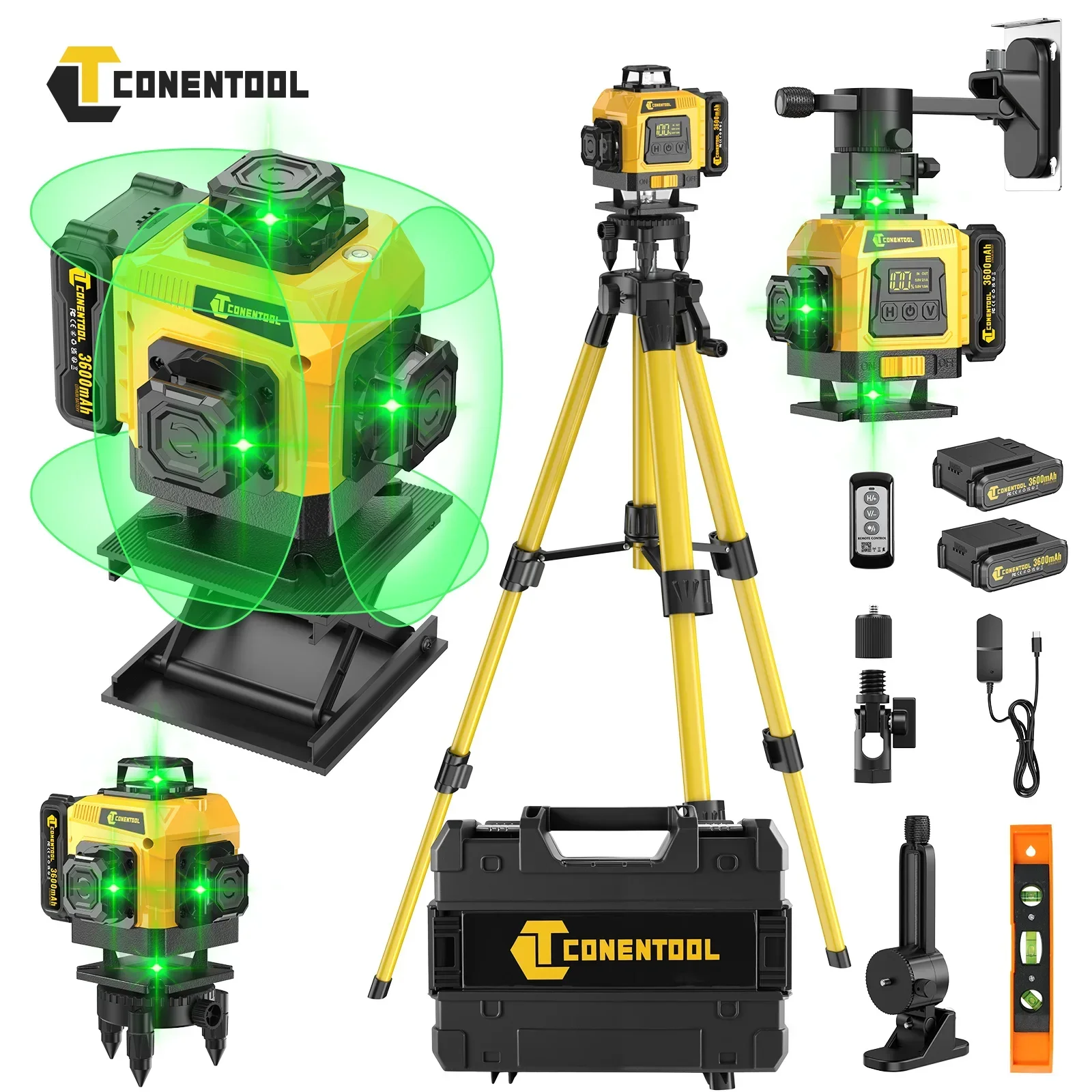 CONENTOOL Livella Laser Verde 16 Linee 4D 360 ° Livella laser a linee incrociate autolivellante con treppiede e telecomando, batteria da 2400/3600 mAh per strumenti di misurazione