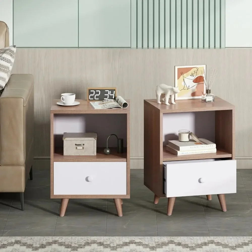 

Set of 2 Nightstand Bedside End Table w/Open Storage and Drawer for Bedroom