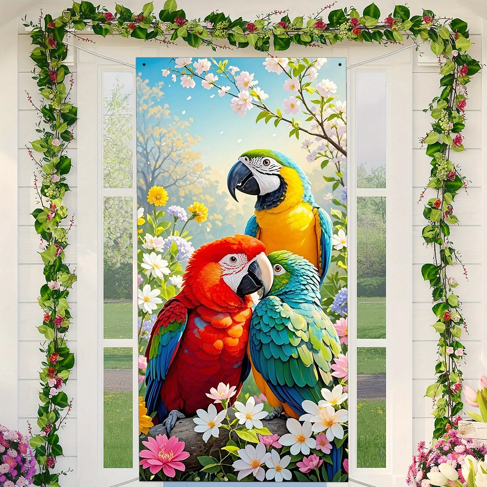Bannière de fête florale et colorée avec perroquets en polyester, décoration de cadre de porte printemps/été avec oiseaux tropicaux, bannière intérieure/extérieure