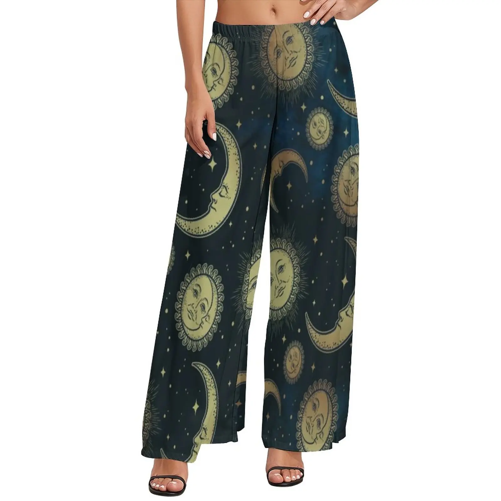 Retro Sun Moon And Stars Vintage Celestial Night Straight Pants  Sexy Wide Leg Pants Female Oversized Aesthetic Pattern Trousers