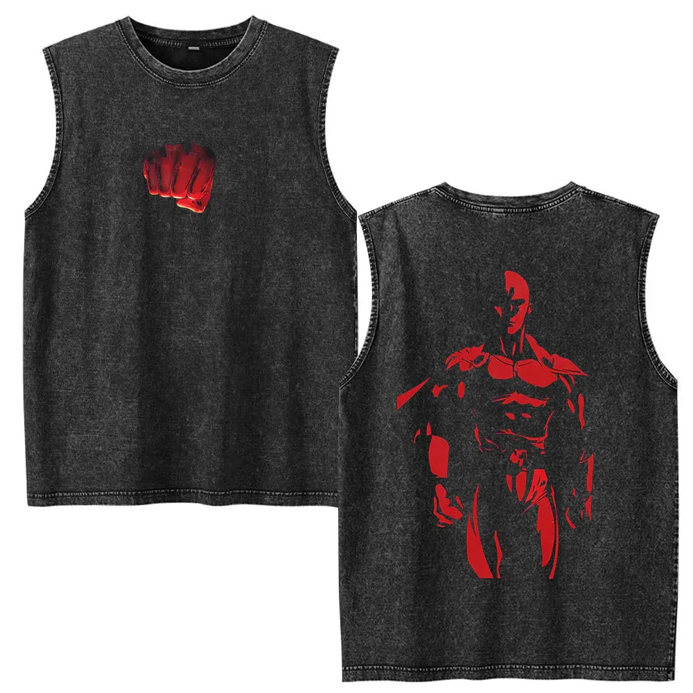 Anime One Punch Man Saitama Vintage Washed Tank Tops Cool Manga Print Sleeveless Vest Men Women Fashion Oversized T Shirts