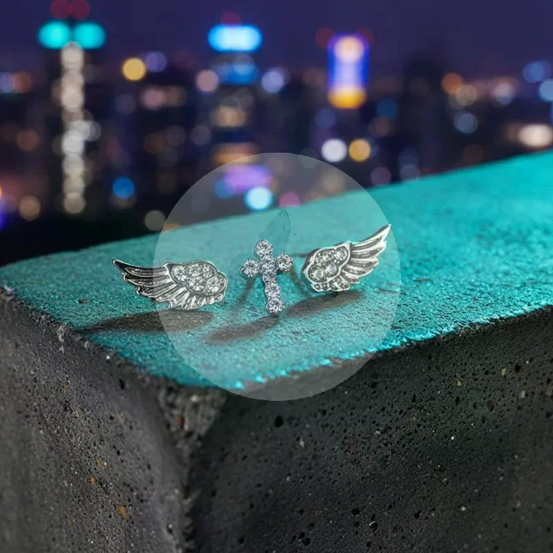 Chic Vintage Look Punk Earrings Set with Pink Zircon Wing Cross Star Features 3/4Pcs