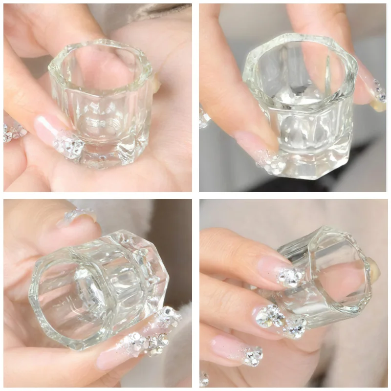 Mini cristallo di vetro acrilico trasparente piccolo polvere ottagonale tazza di liquido porta polvere per unghie pennelli per trucco ciotola per pulizia strumento per nail art