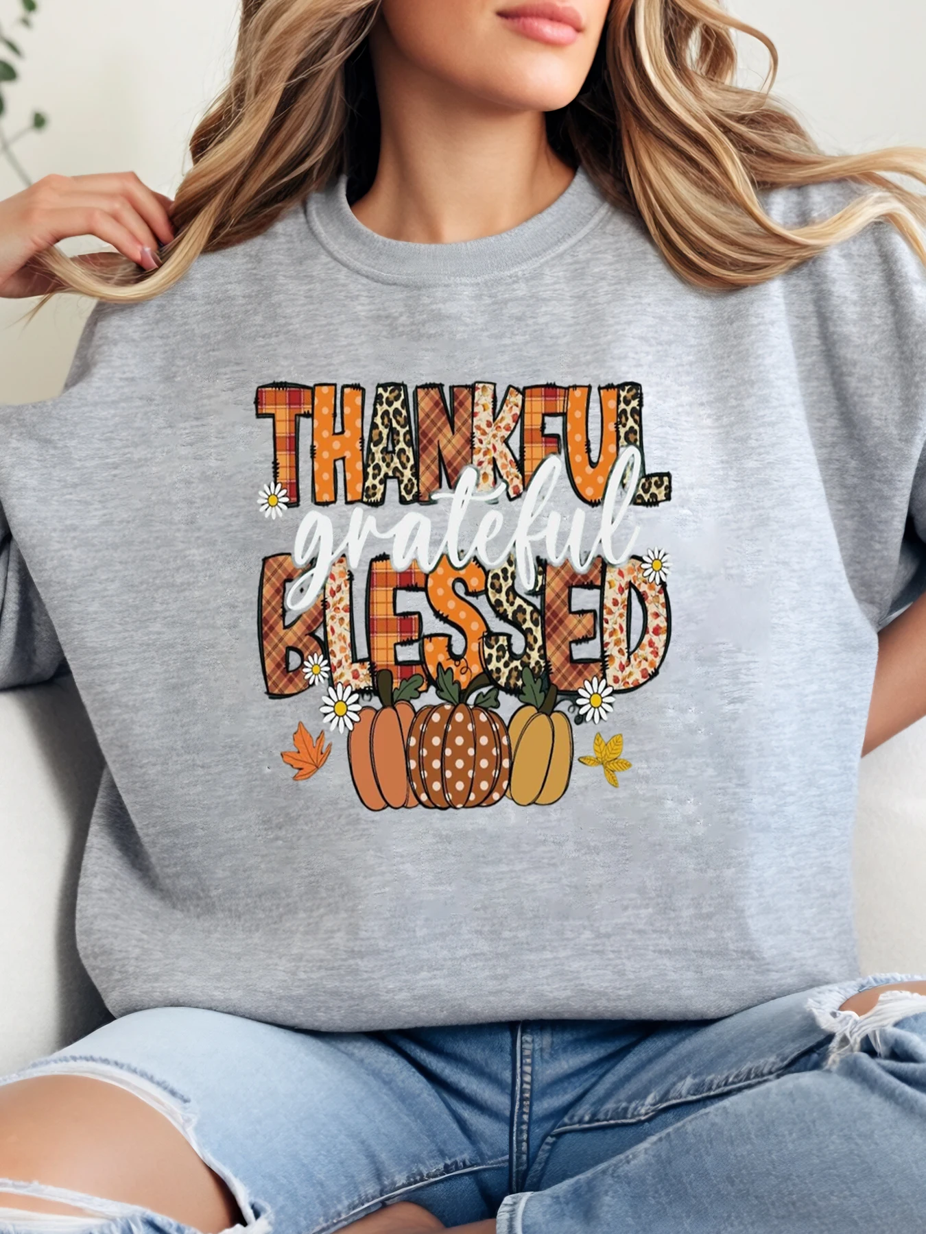 

Свитшот с круглым вырезом на День Благодарения с принтом тыквы, женский повседневный осенне-осенний наряд, серый, большие размеры