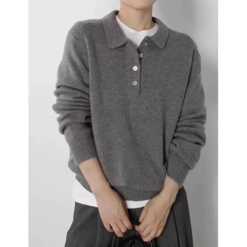 

Элегантный вязаный свитер из 100% шерсти с полуоткрытым воротником, женский свободный базовый свитер с длинными рукавами, осень и зима