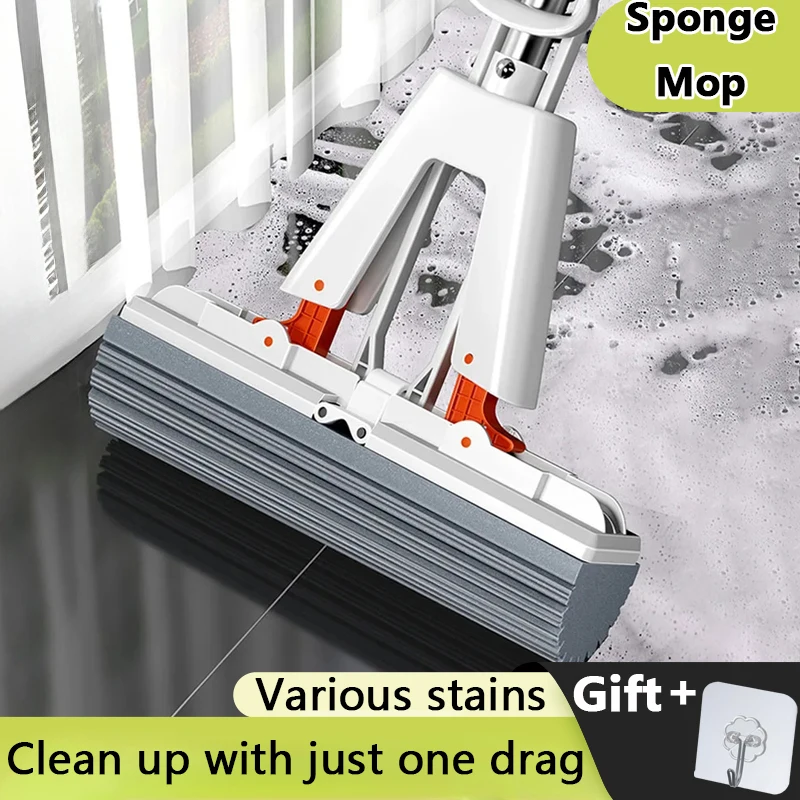 Sponge Mop for Floor Cleaning Free Hand Washing Squeeze Cotton Head Replace Super Absorbent Wet and Dry Use Sponge Fold Type Mop