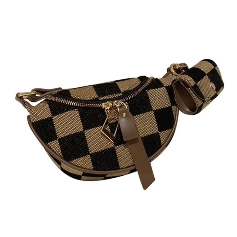 

A3PE Stylish Women's Brown Checkered Crossbody Chest Bag With Headphone Pocket Canvas Shoulder Bags For Everyday Use