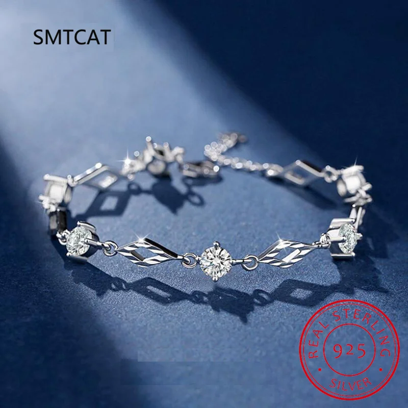 Solid 925 Sterling Silver Moissanite Tennis Bracelet for Women Lab Diamond Rhombus Bracelet for Engagement Party Gift