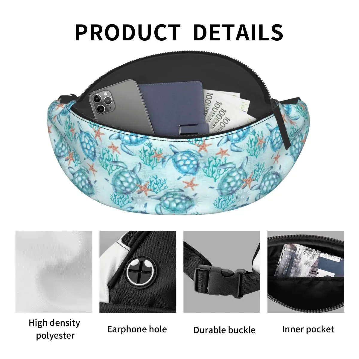 Blauwe Schildpad Heuptasje Custom Ocean Animal Crossbody Taillepakket Vrouwen Mannen Fietsen Camping Telefoon Geldzak