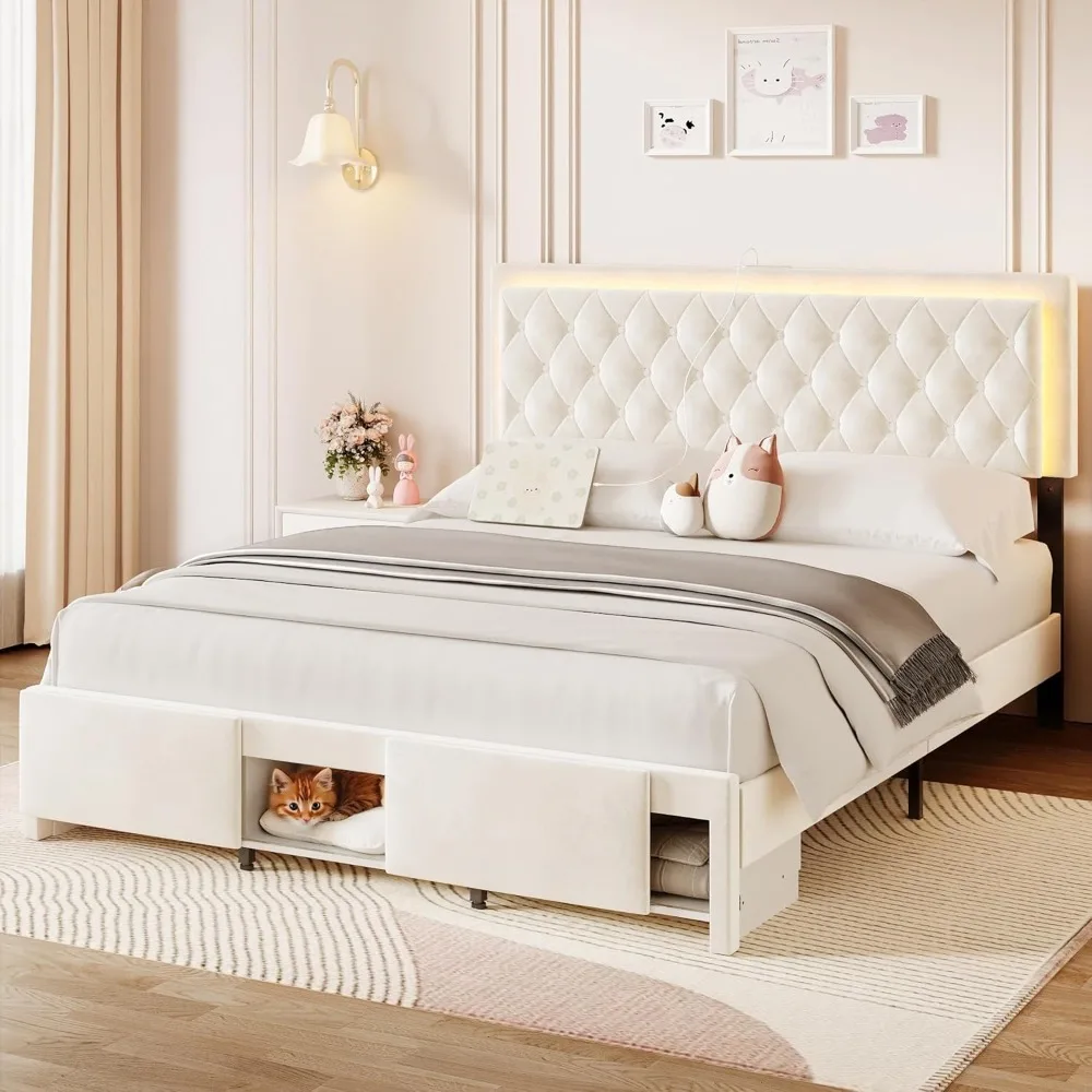 LED Bed Frame Queen with Adjustable Headboard, Upholstered Velvet Platform Queen Bed Frames