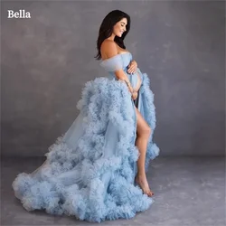 Bella Blue Tulle Pregnant Woman Dresses A-line High-Low Wedding Dress Elegant Sleeves Lace-up Back Vestidos De Fiesta 2024
